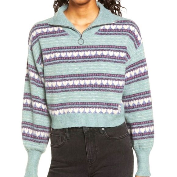bp Sweaters - BP Women’s Sweater Long Sleeve Crop Quarter Zip Hearts Size Small Green NWT